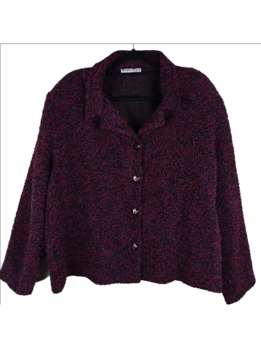 Dressbarn Woman Burgundy Knit Collared Long Sleeve Button Up Cardigan Jacket
